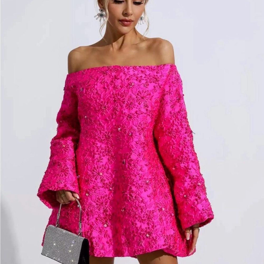 Bright Pink Off-Shoulder Mini Dress - Picture 3 of 4